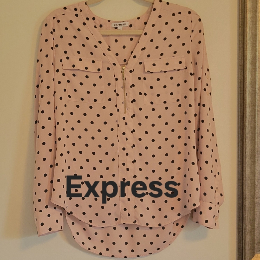 Express Pretty Pale Pink w/Black Polka Dots Long Sleeve Silky Blouse. SZ: M